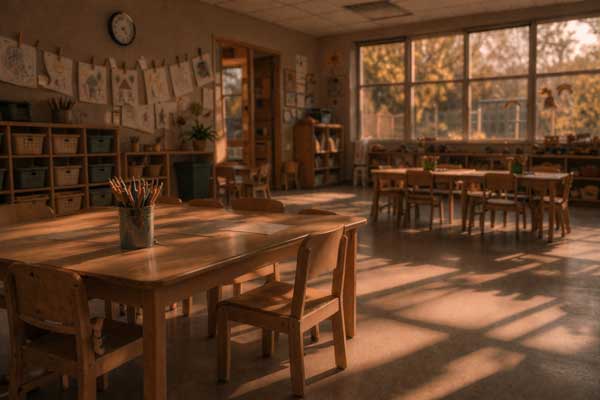 A quiet, empty daycare classroom in warm afternoon light, photographed from a low angle. Small wooden chairs sit around child-sized tables, with paintbrushes and a few art papers left behind. Sunlight pours through large windows, casting long shadows across the floor and giving the room a muted, abandoned feel.