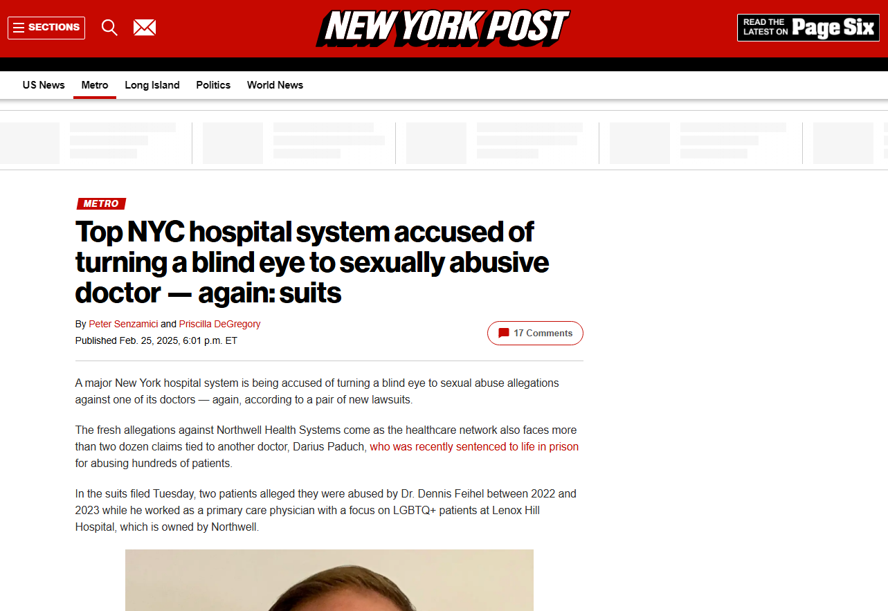 Screenshot of a New York Post article titled "Top NYC hospital system accused of turning a blind eye to sexually abusive doctor—again: suits," discussing lawsuits against Dr. Alan Feihel and Northwell Health.